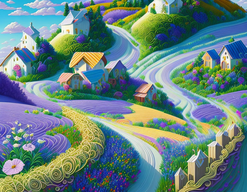 Colorful landscape with rolling hills and whimsical houses in a dreamlike setting