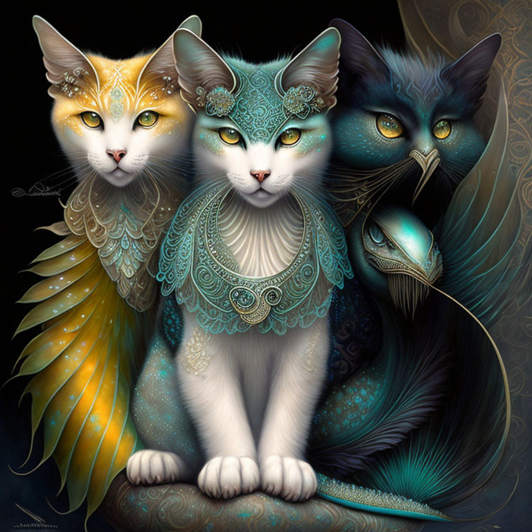 Three fantastical cats with vibrant eyes and ornate patterns on a dark background