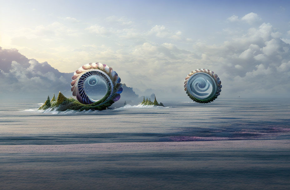 Surreal snail-like structures with eye patterns floating above calm sea