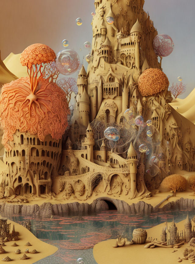 Intricate sandcastle with whimsical towers and arches, surrounded by soap bubbles and floating jelly