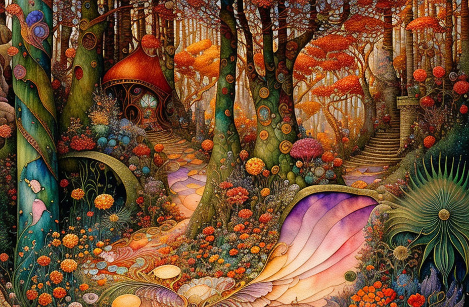 Whimsical forest with colorful trees and mushroom houses