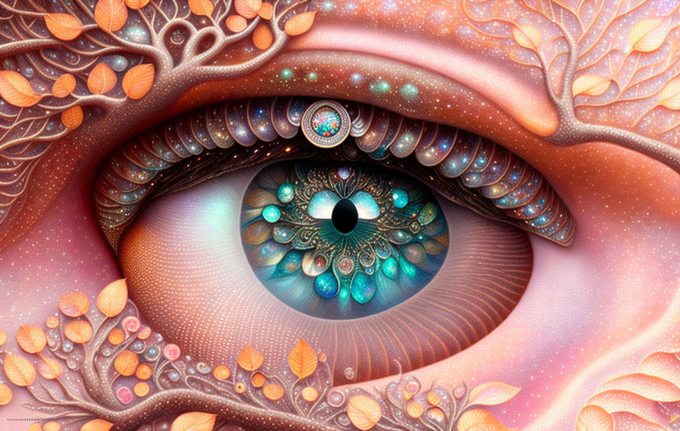 Detailed surreal image: Blue eye with peacock feather patterns, autumn trees, celestial elements