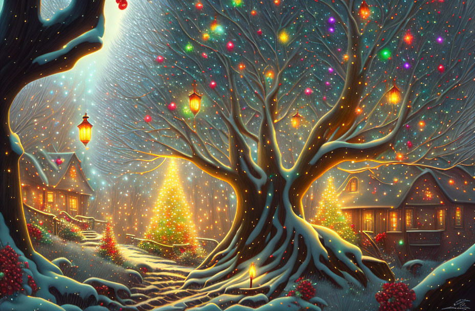 Winter Night Scene: Snowflakes, Colorful Lights, Christmas Tree, Cozy Houses