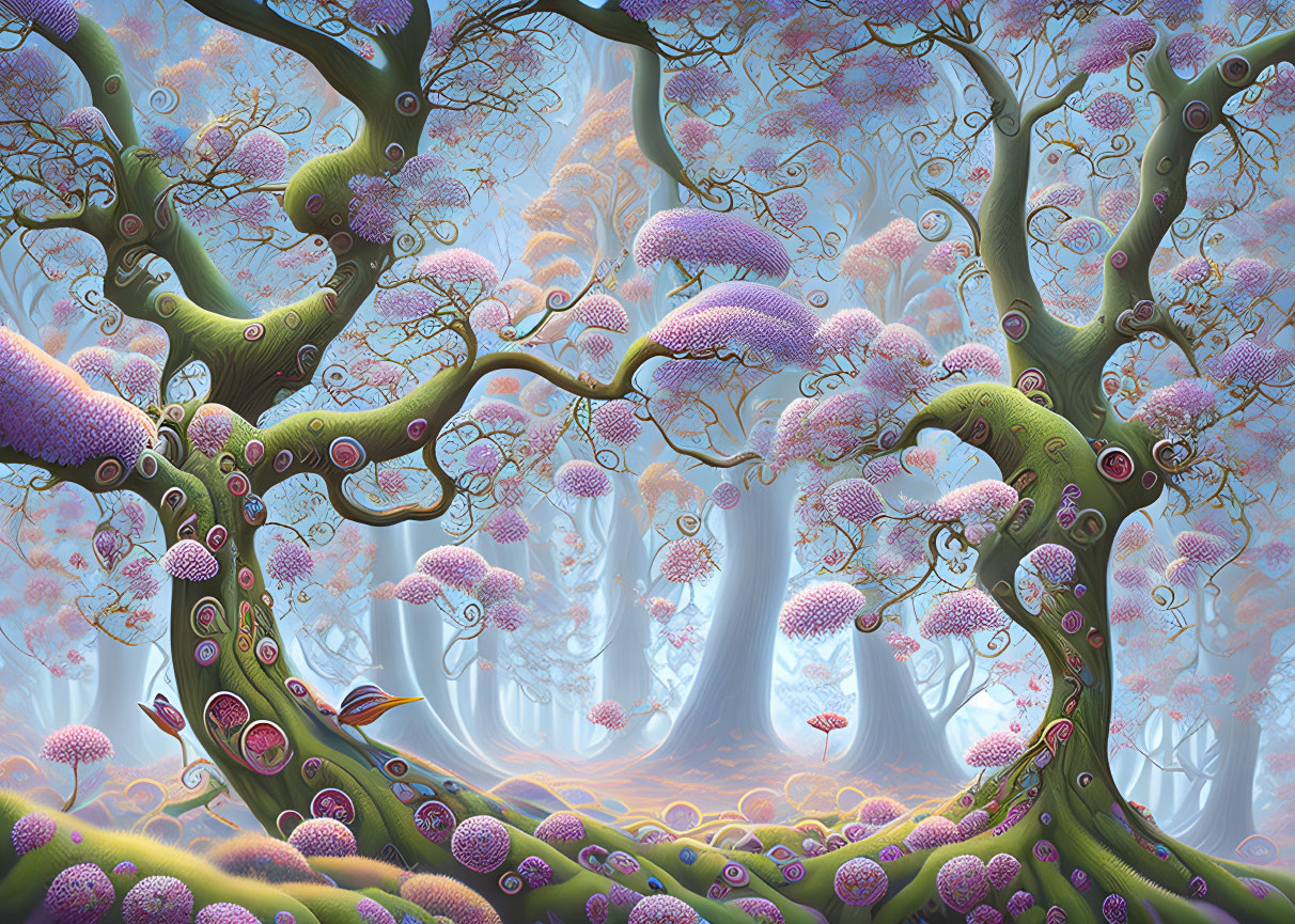 Misty forest with twisting trees and purple berries