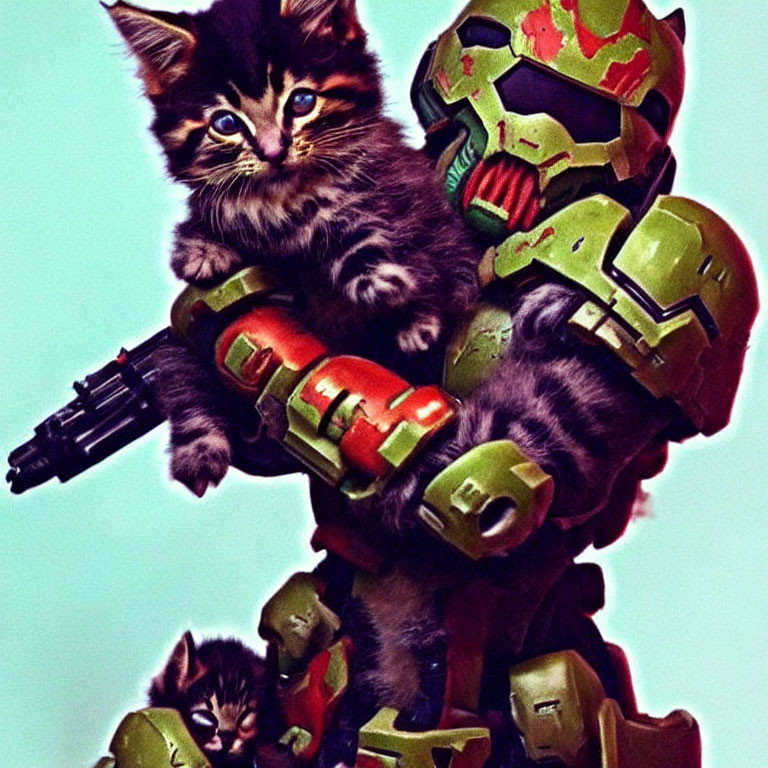 Two kittens on colorful mech suit: one with blue eyes, the other peeking.