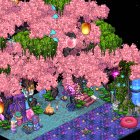 Blooming Cherry Blossom Tree at Night with Fountain and Benches