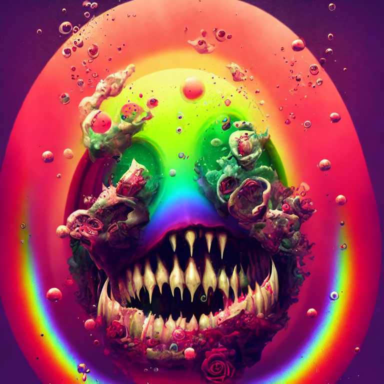 Colorful Psychedelic Monster Face Artwork with Sharp Teeth and Melting Effects