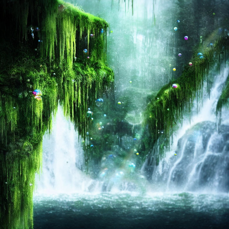 Moss-covered waterfall with floating bubbles in mystical setting