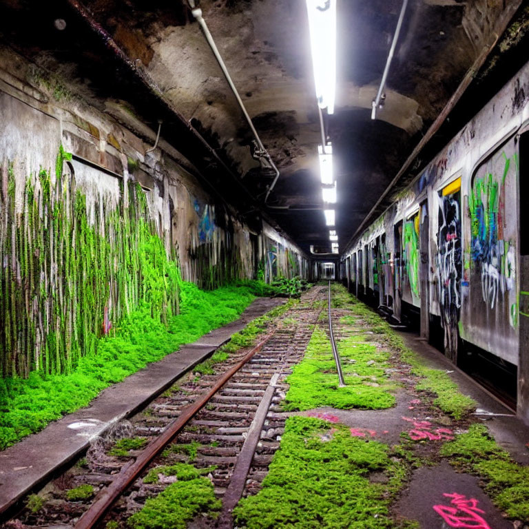 Overgrown moss and graffiti in abandoned subway