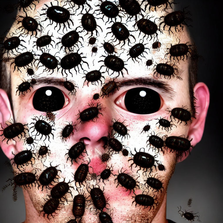 Distressed face covered in realistic digital beetles in dark setting