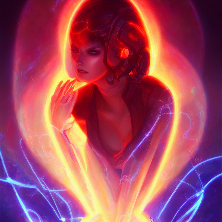 Futuristic female figure with cybernetic enhancements and neon accents on electric background