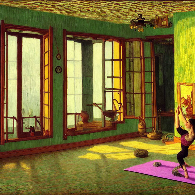 Person practicing yoga in sunlit room with green walls and exercise bike