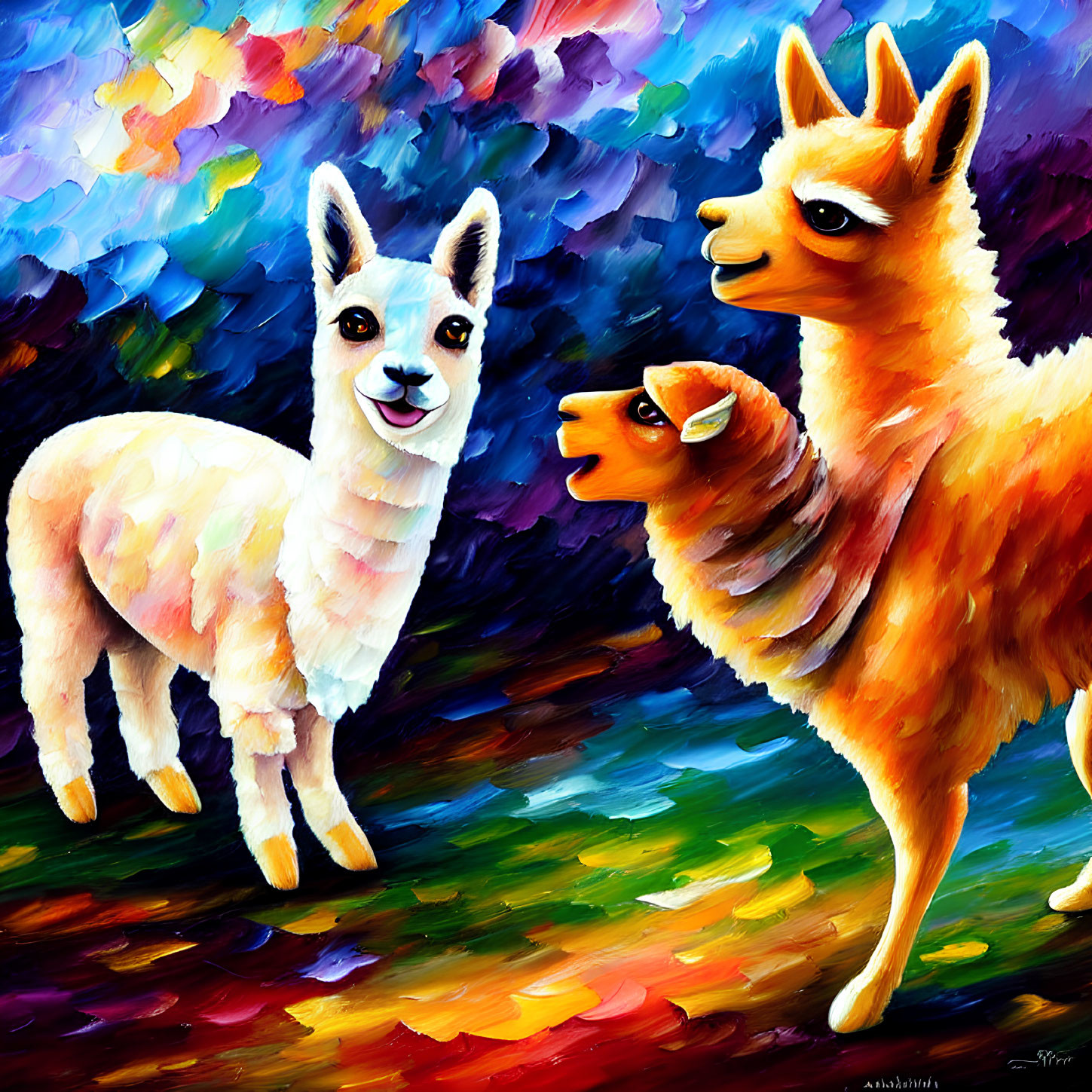 Colorful Abstract Painting of Three Stylized Llamas