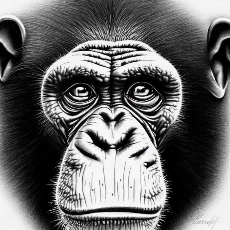 Detailed Monochrome Chimpanzee Face Sketch with Fur Texture and Expressive Eyes