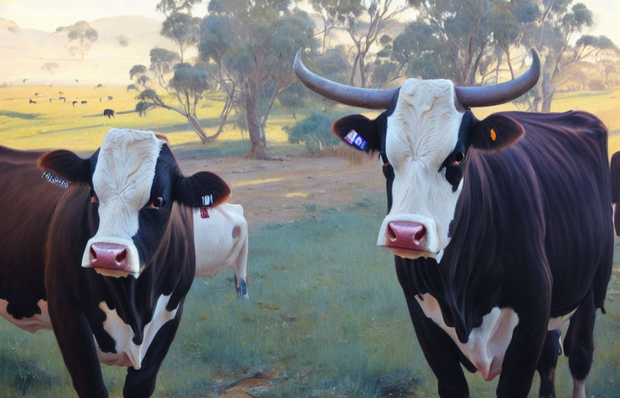 Two cows with ear tags in field with trees and more cows