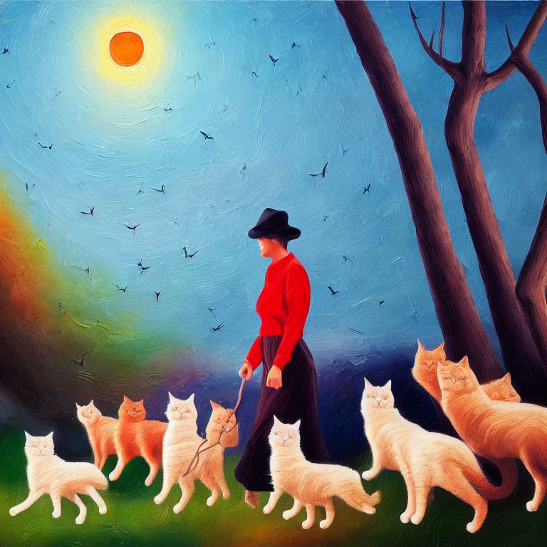 Colorful Stylized Painting: Person Walking Cats Under Surreal Sky