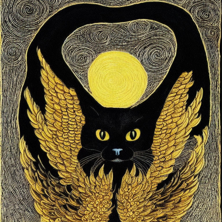 Stylized drawing of winged black cat with golden halo aura on swirling lines