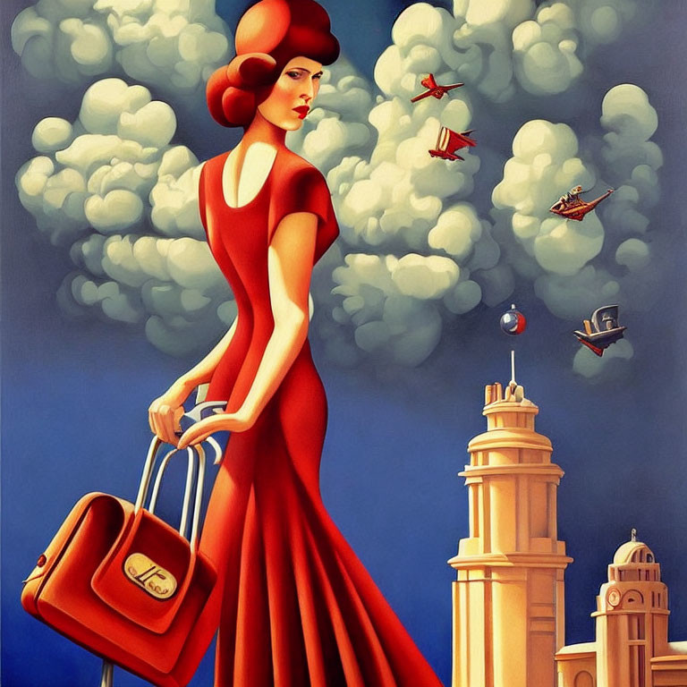 Stylized illustration of woman in red dress with hat and briefcase among whimsical planes