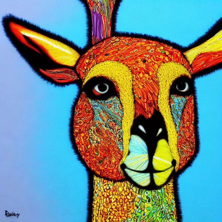 Vibrant Kangaroo Face Painting with Colorful Patterns on Blue Background