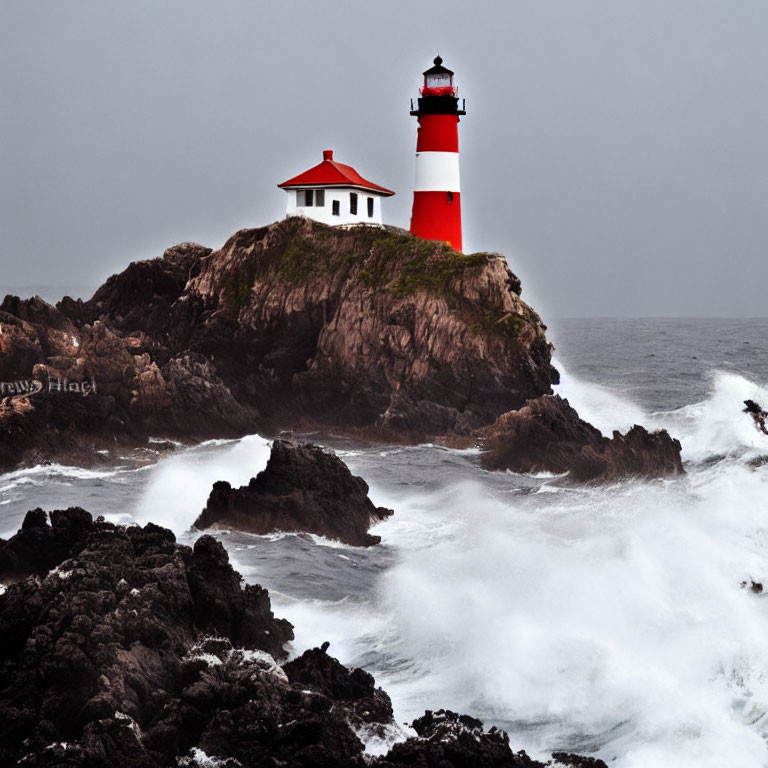 Red and White Lighthouse on Rocky Cliff with Crashing Waves