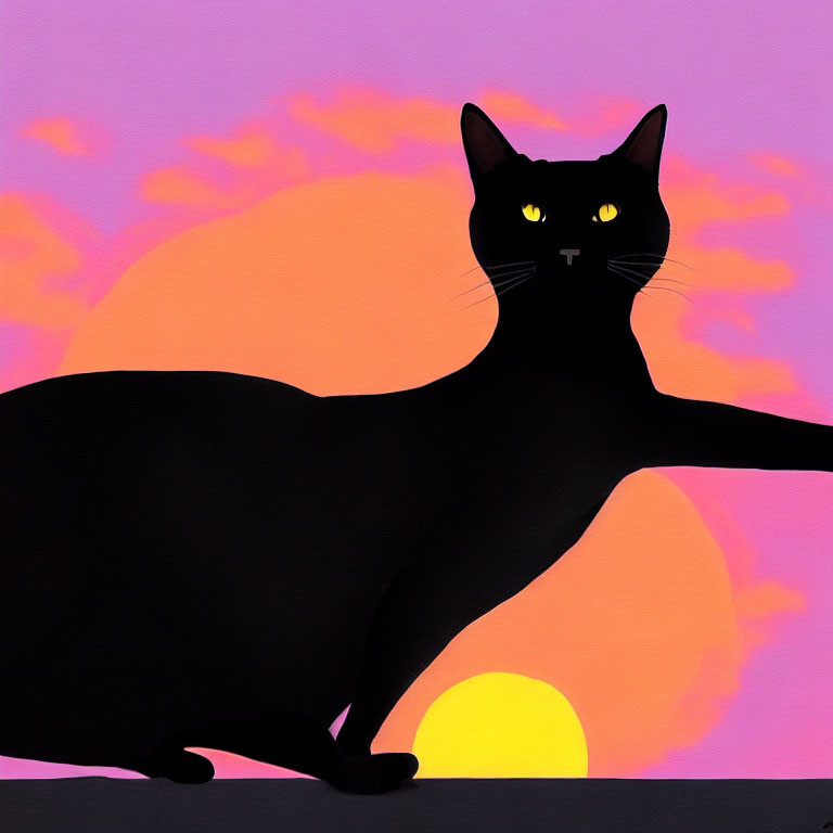 Stylized black cat illustration with glowing yellow eyes on pink sky backdrop