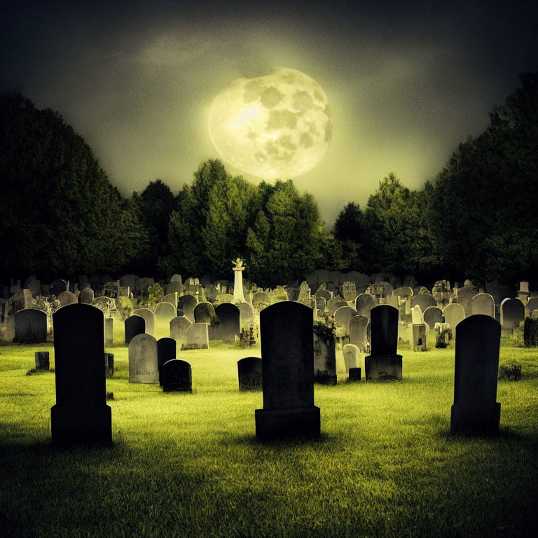 Full Moon Shines on Cemetery with Headstones and Statue