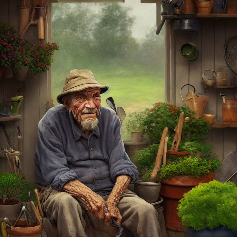 Elderly Man in Hat Surrounded by Garden Tools and Plants