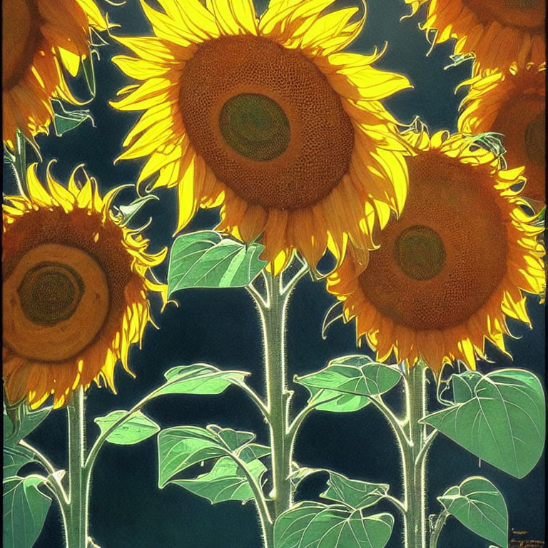 Vibrant sunflowers on dark background with neon outline