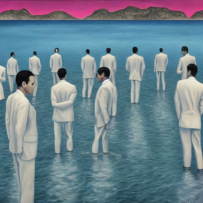 Men in white suits standing in water facing distant hills under pink sky, two men in foreground.