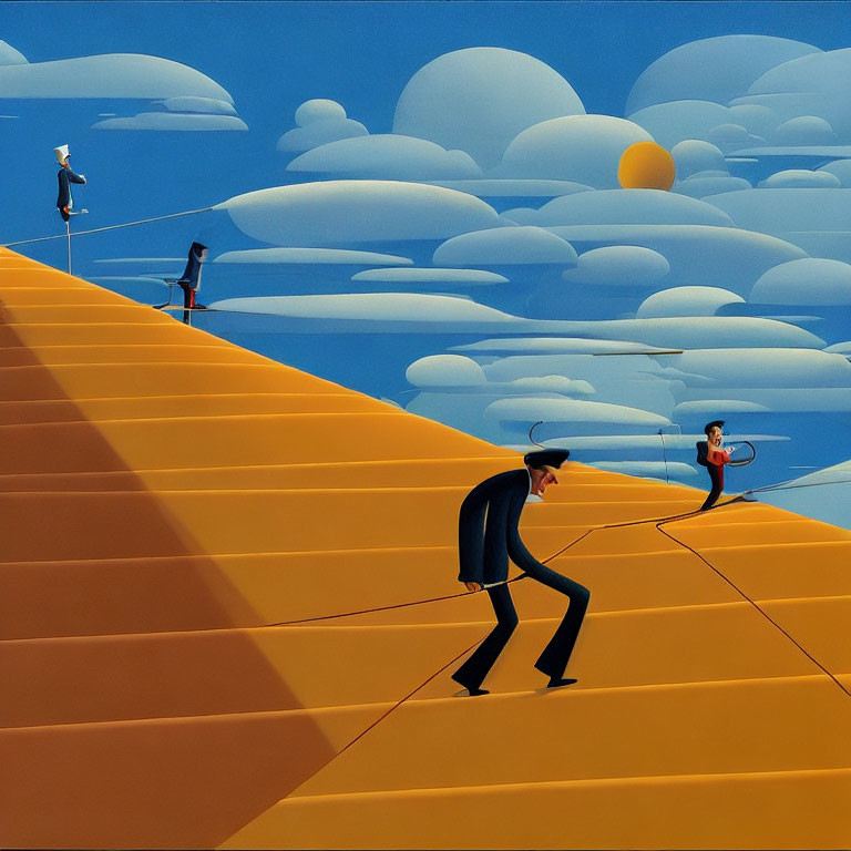 Surrealist painting of figures on orange landscape under blue sky