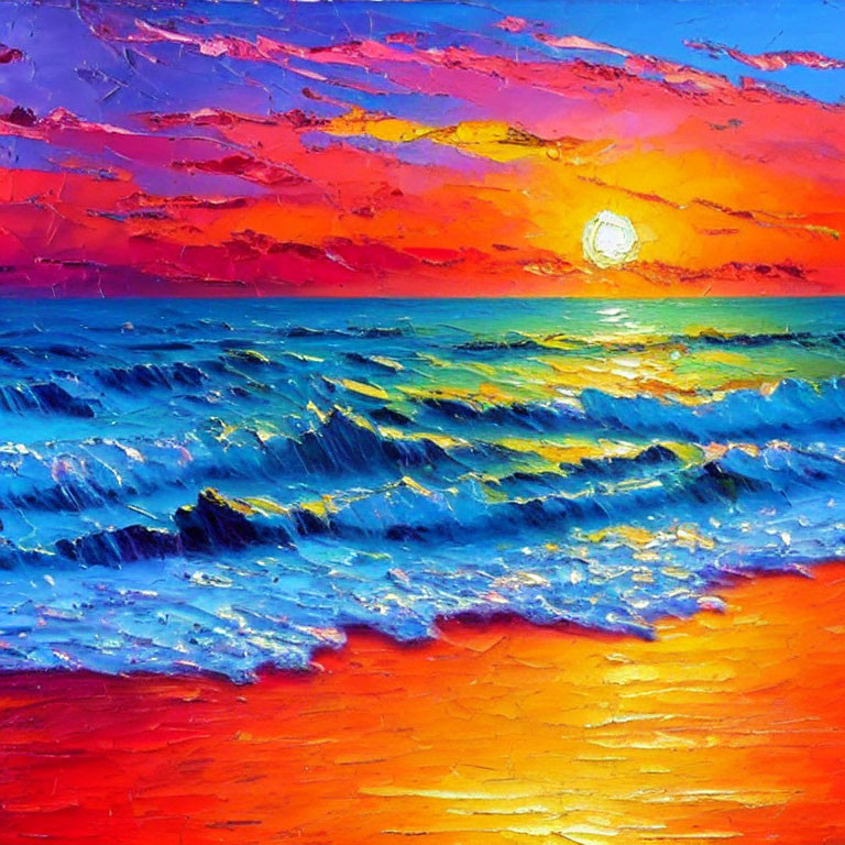 Colorful sunset painting over ocean with orange, red, and blue hues.