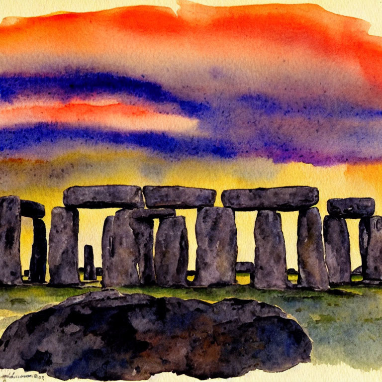 Stonehenge Watercolor Painting: Vibrant Sunset Colors & Silhouettes