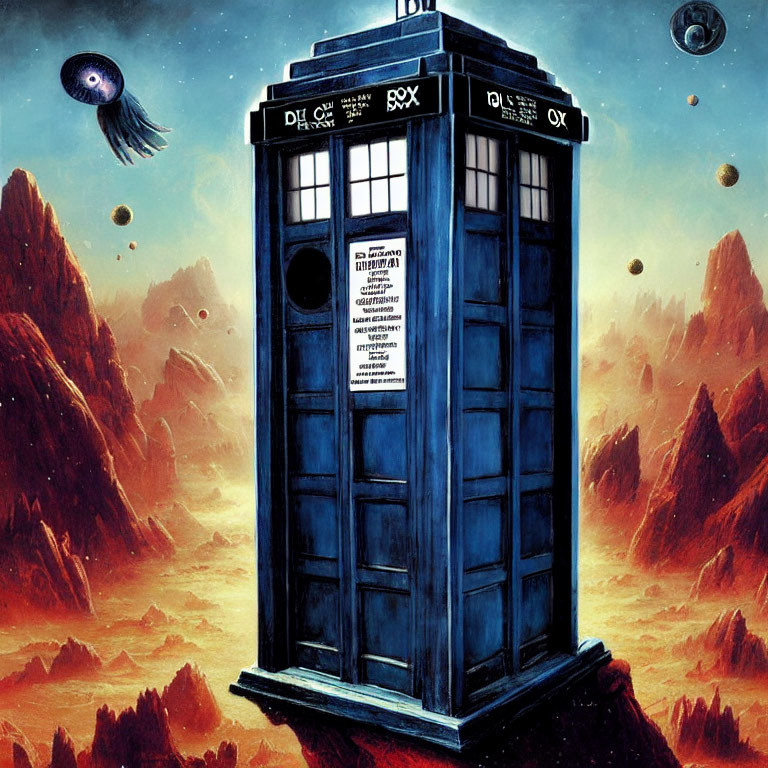 Blue Police Box in Space with Alien Planets and Squid-like Creature