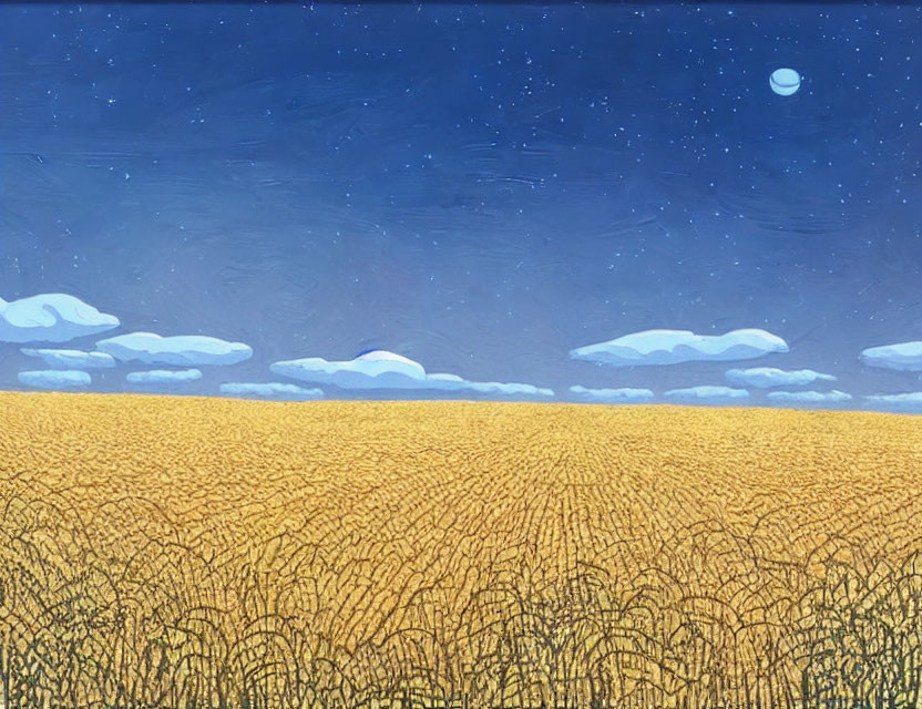 Vibrant painting of golden wheat field under night sky