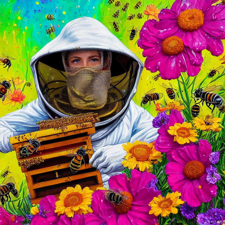 Beekeeper in white suit with honeycomb frame among colorful flowers