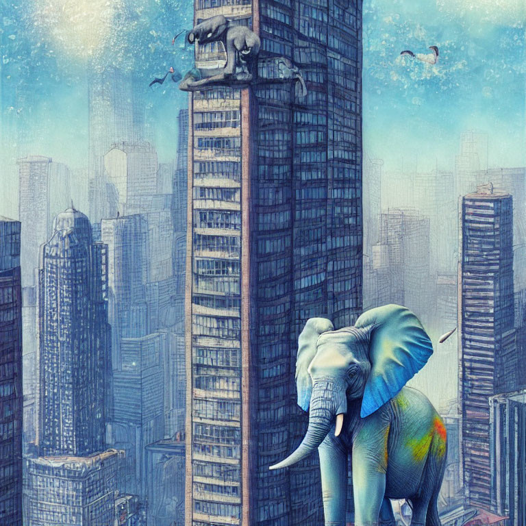 Elephants on skyscraper and diving into pool with cityscape view