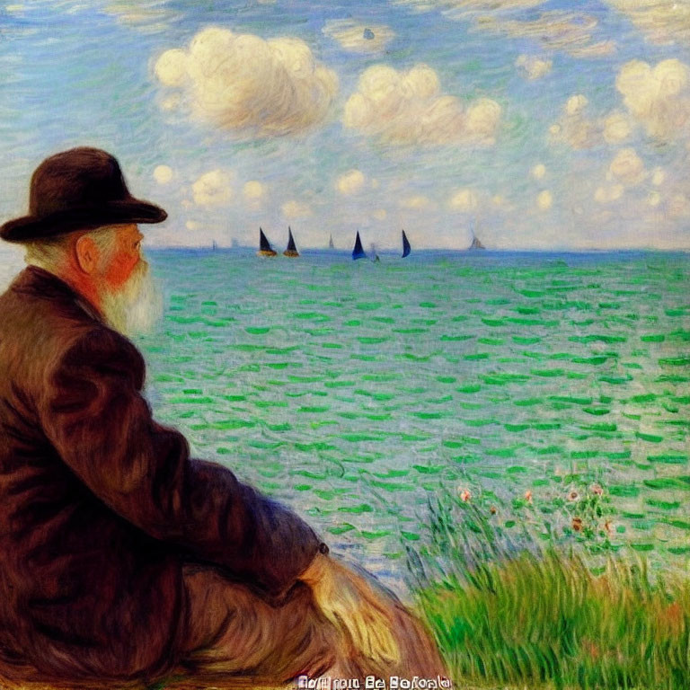 Bearded man in black by the sea, boats in vibrant green water