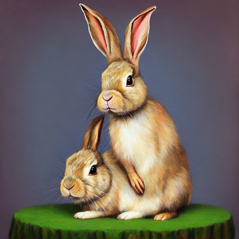 Two rabbits sitting closely together on green surface, one larger with paw on smaller, against grey background.