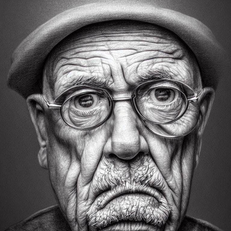 Monochrome close-up portrait of stern elderly man in round spectacles