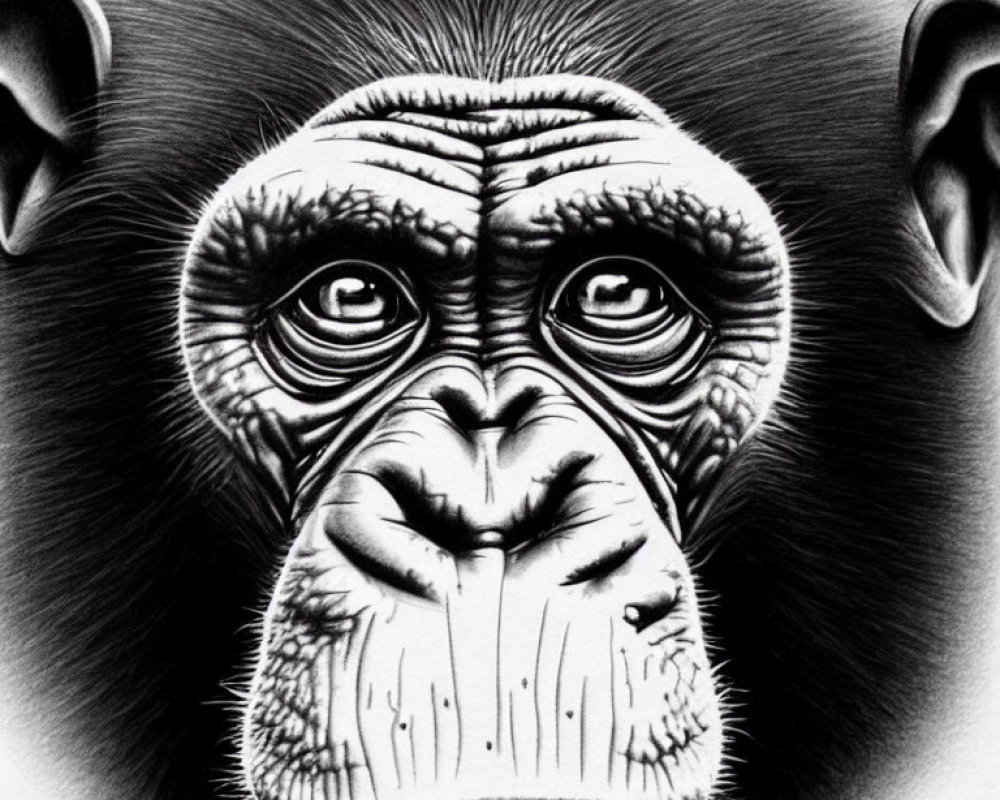 Detailed Monochrome Chimpanzee Face Sketch with Fur Texture and Expressive Eyes