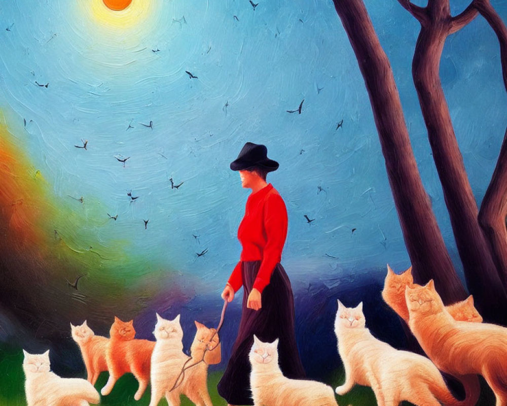 Colorful Stylized Painting: Person Walking Cats Under Surreal Sky