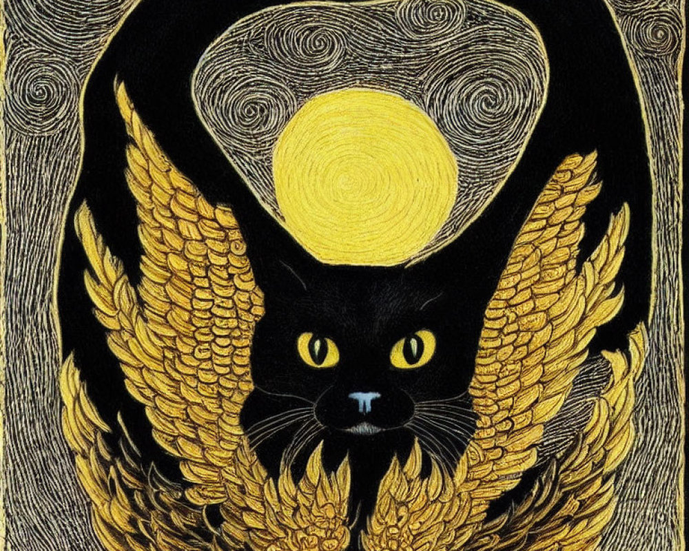 Stylized drawing of winged black cat with golden halo aura on swirling lines