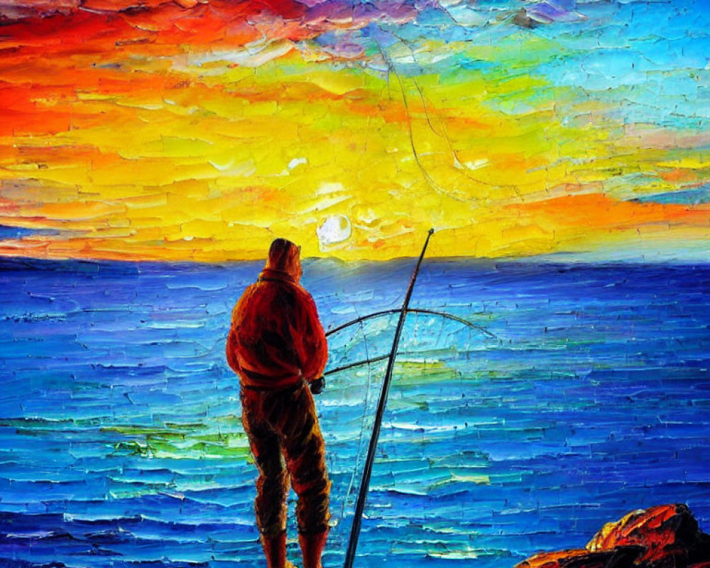 Colorful sunset fishing scene with solitary figure in vibrant painting