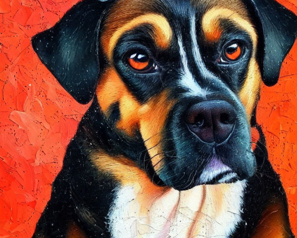 Colorful painting of a dog with brown eyes on red background