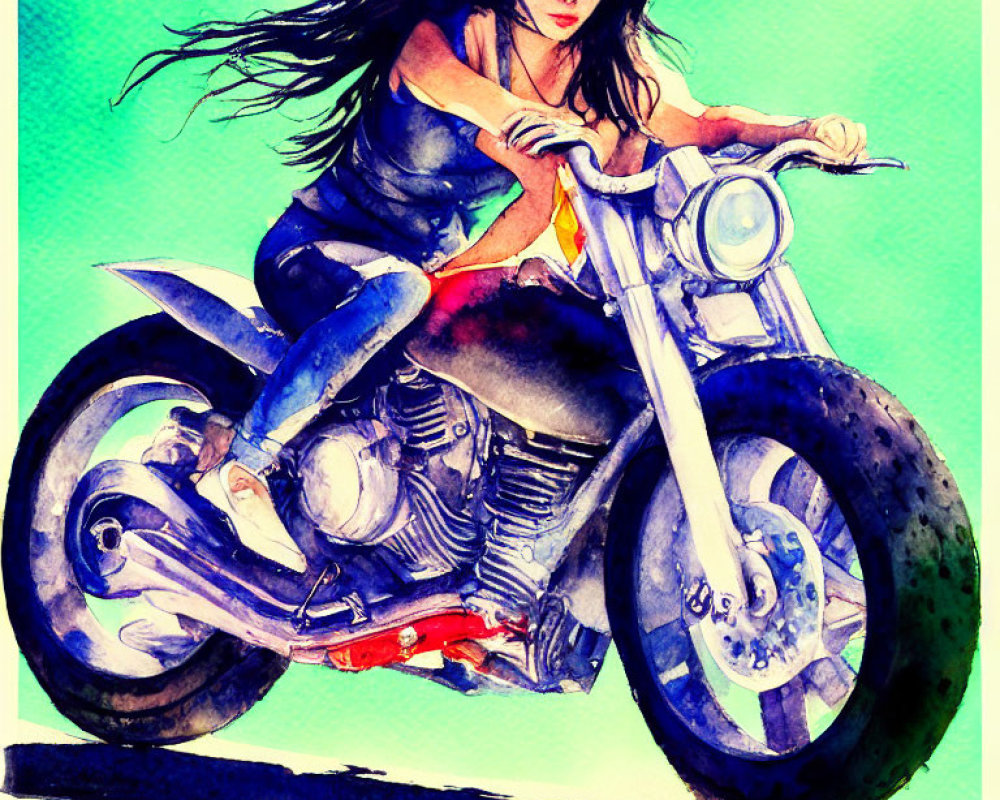 Vibrant watercolor illustration of woman riding motorcycle on textured turquoise background