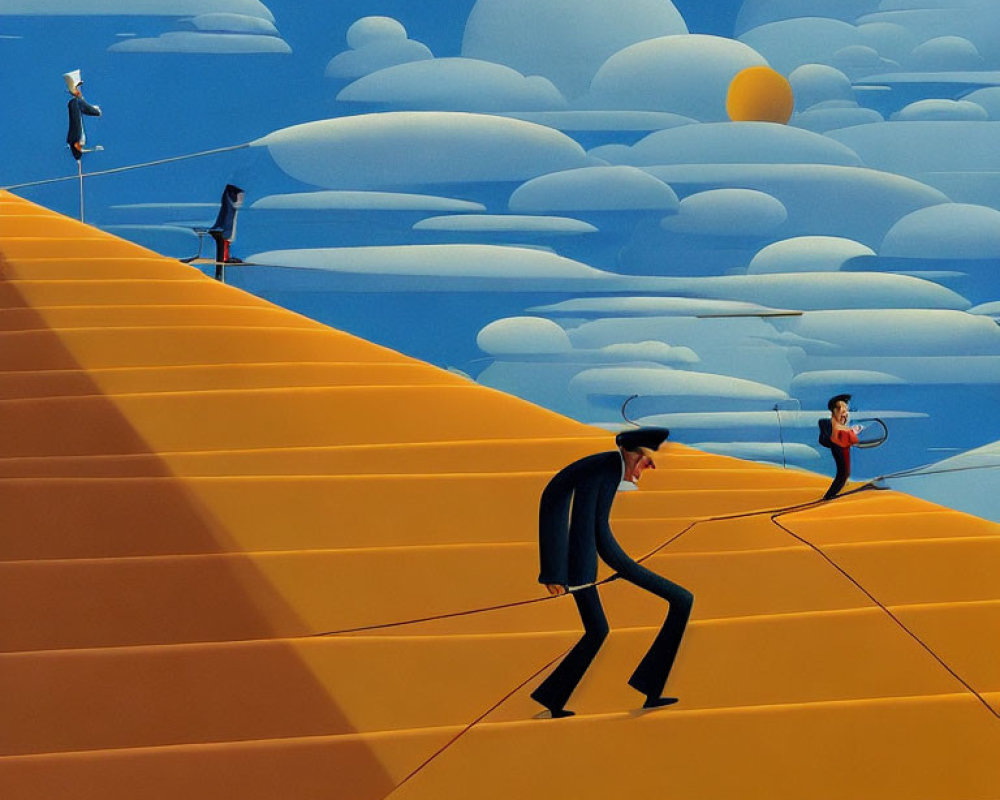 Surrealist painting of figures on orange landscape under blue sky