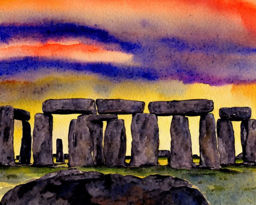 Stonehenge Watercolor Painting: Vibrant Sunset Colors & Silhouettes