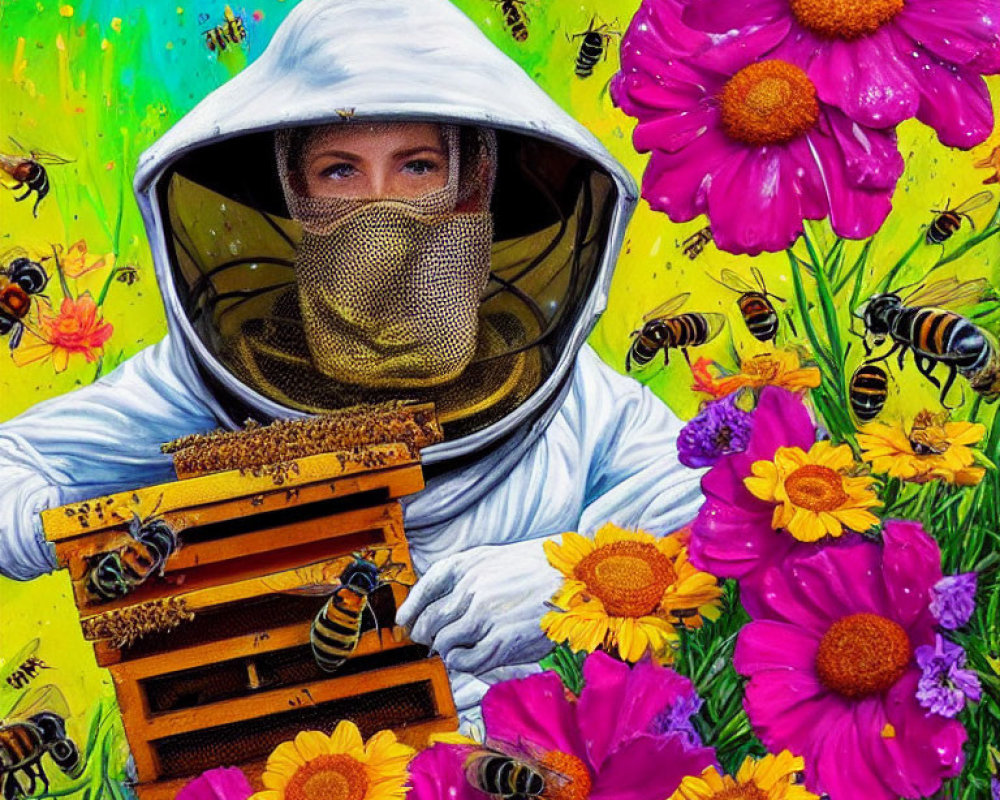 Beekeeper in white suit with honeycomb frame among colorful flowers