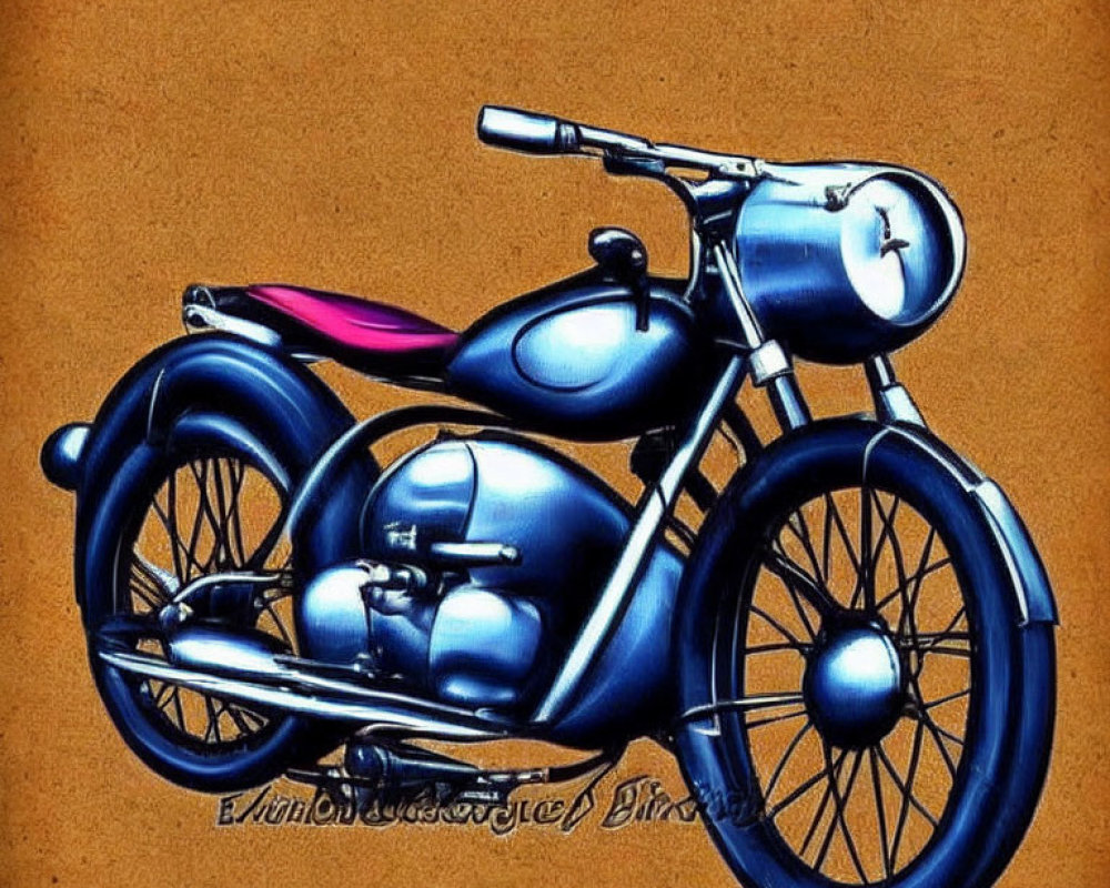 Vintage Motorcycle Artwork with Blue and Pink Accents on Brown Background