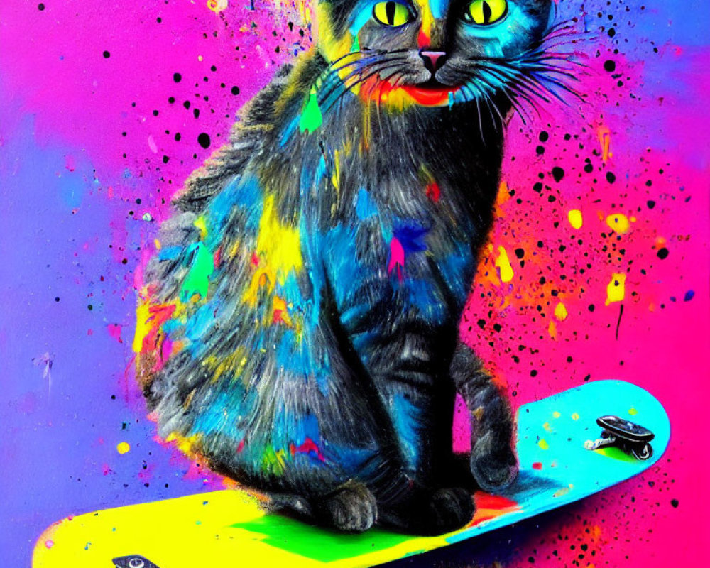 Colorful Blue Cat on Skateboard Against Splattered Background